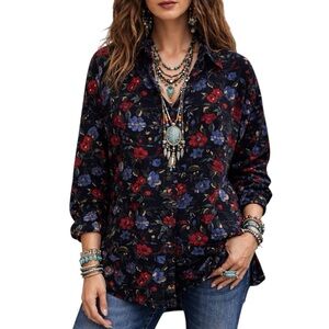 Vintage Velvet Floral Black Button-Up Blouse | Boho Luxe | Long Sleeve | Medium